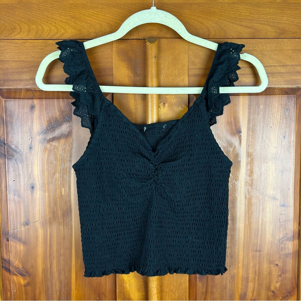 Sleeveless Boho Cottagecore Smocked Crop Top w Eyelet Ruffe Straps Fairy Grunge